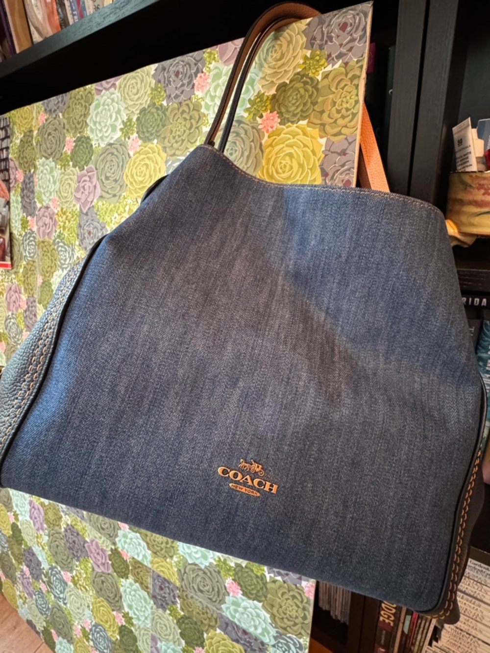 Coach Blue Denim Tote with Gold Logo and Navy and Tan Handles